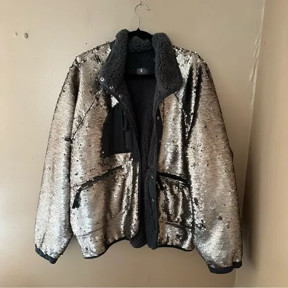 Fp Movement Free People Hit The Slopes Jacket silver sequin fleece bomber XL